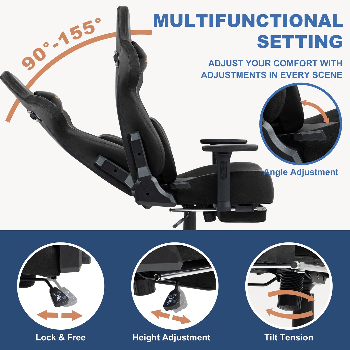 Andyou Gaming Chair – Ergonomic PC Chair with Faux Suede, 90–155° Recline, 18° Tilt, 3D Armrests, 220kg Capacity
