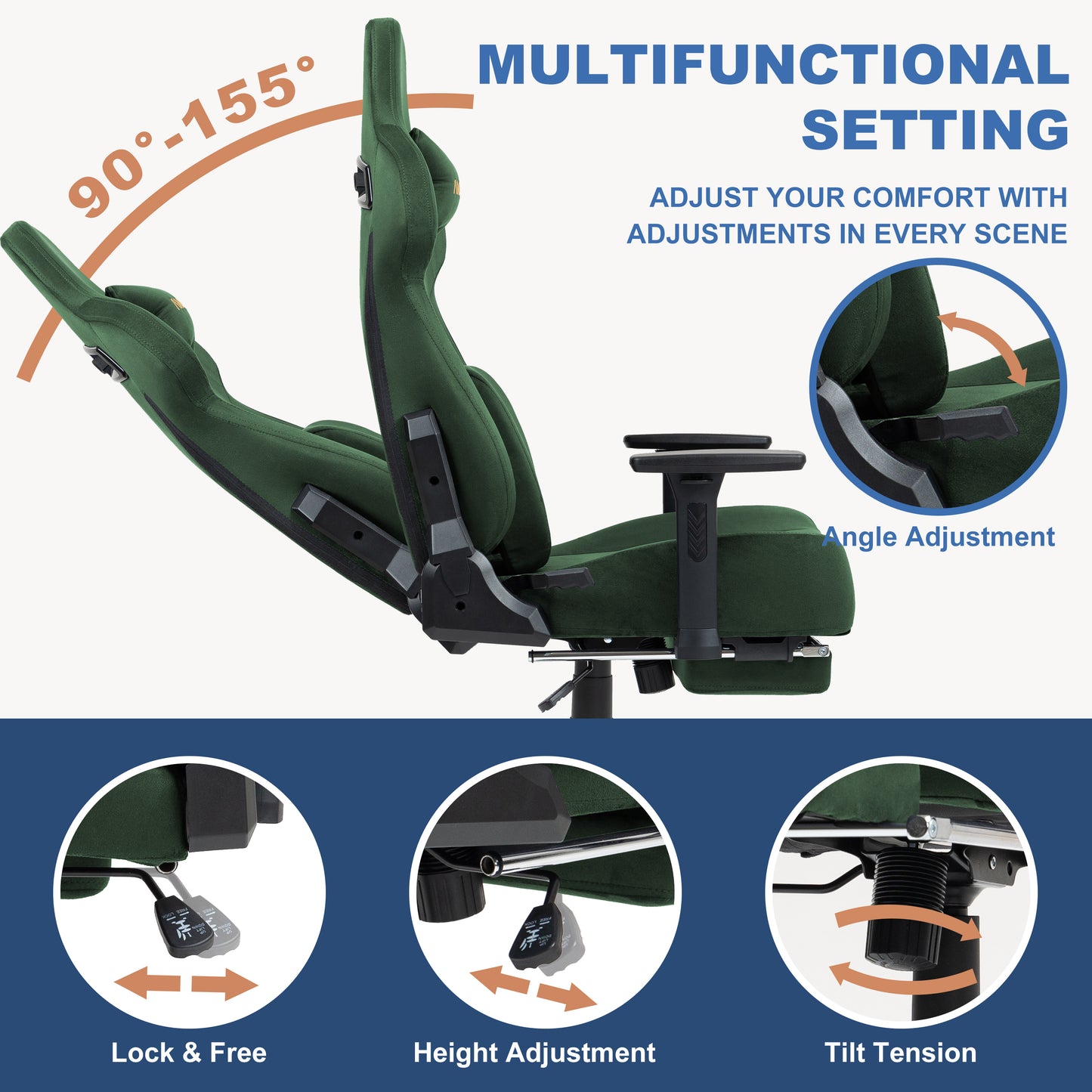 Andyou Gaming Chair – Ergonomic PC Chair with Faux Suede, 90–155° Recline, 18° Tilt, 3D Armrests, 220kg Capacity