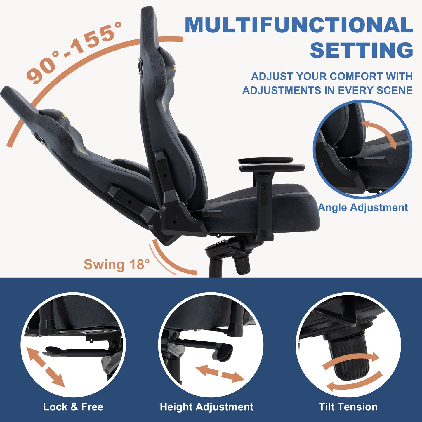 Andyou Gaming Chair – Faux Suede, 12° Tilt, 220kg Capacity, 3D Armrests, 90–155° Recline, Ergonomic PC Chair