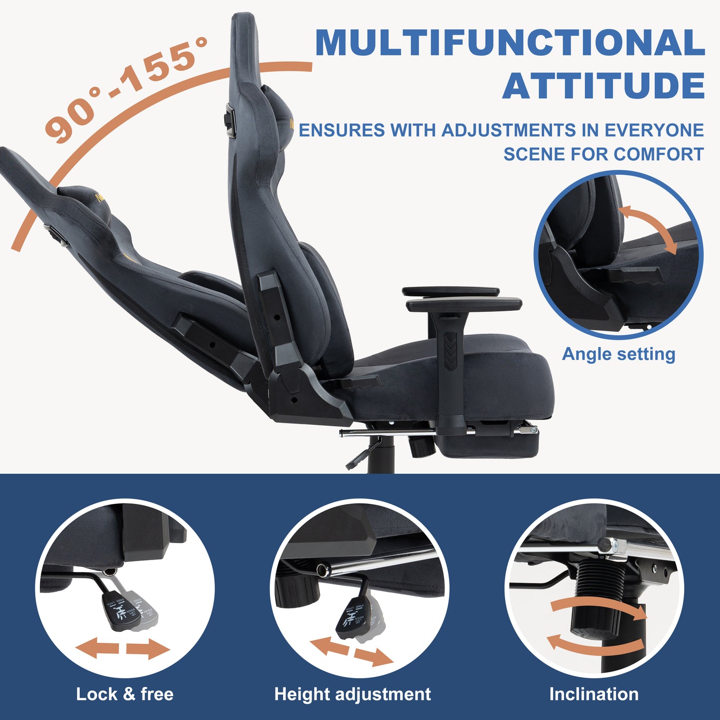 Andyou Gaming Chair – Ergonomic PC Chair with Faux Suede, 90–155° Recline, 18° Tilt, 3D Armrests, 220kg Capacity