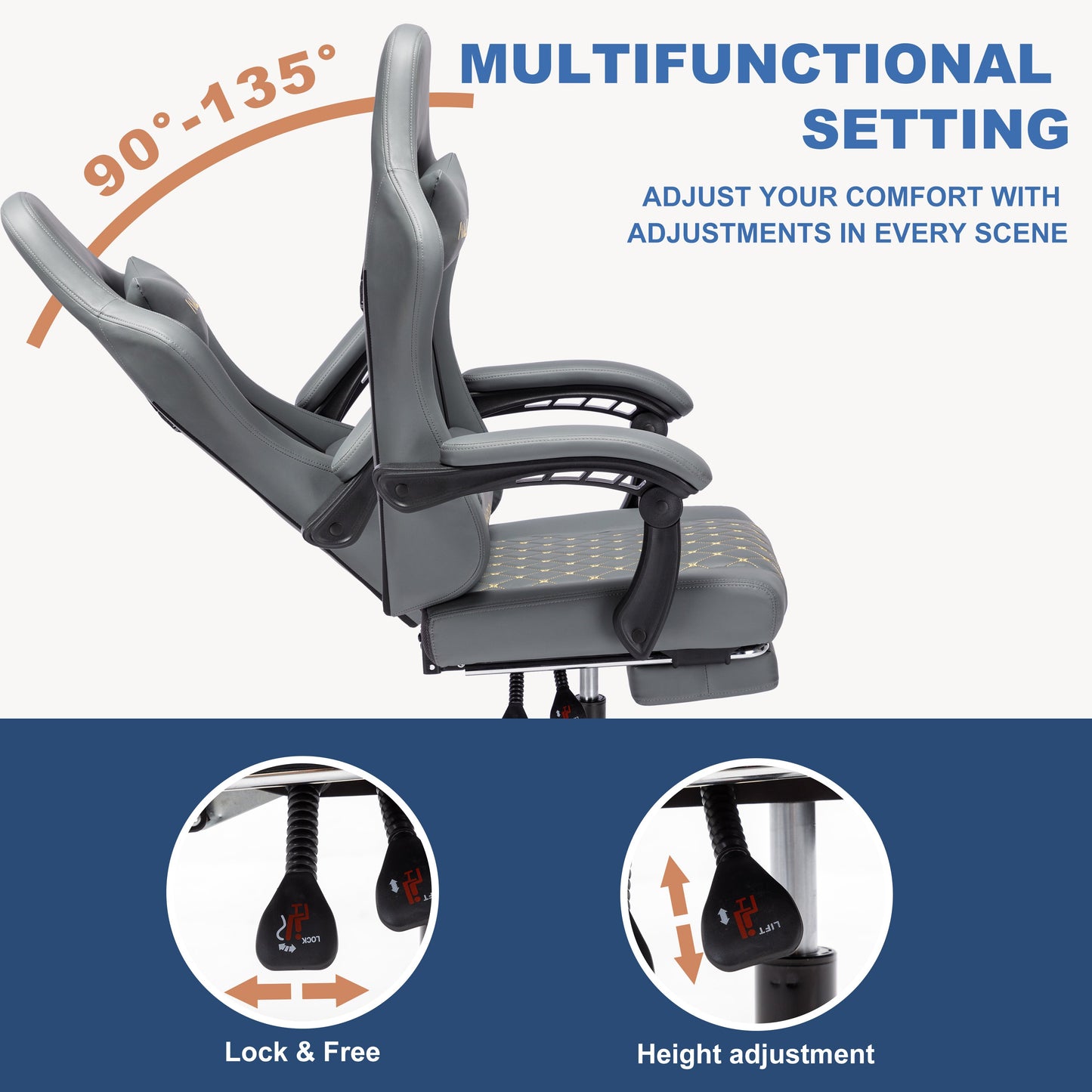 ANDYOU PU Leather Computer Gaming Chair - Comfortable and Adjustable Office Chair, Grey
