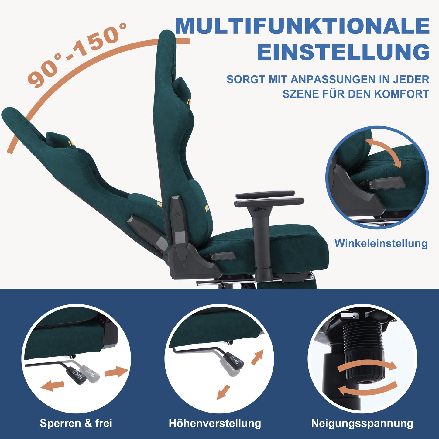 ANDYOU Ergonomic Gaming Chair, Adjustable Rotating Task Chair with Footrest - Green