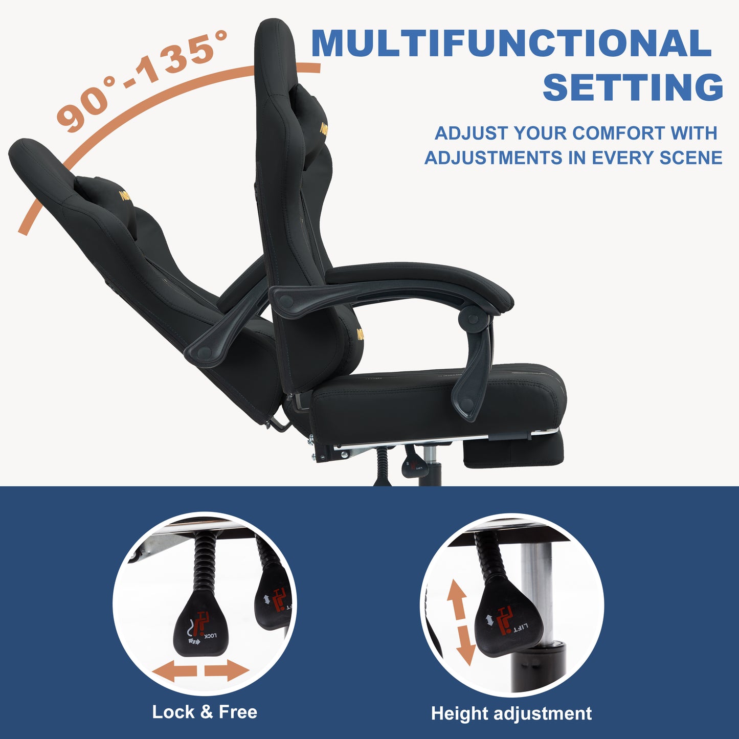 ANDYOU Gaming Chair with Footrest, Ergonomic PU Leather Computer Chair - Black