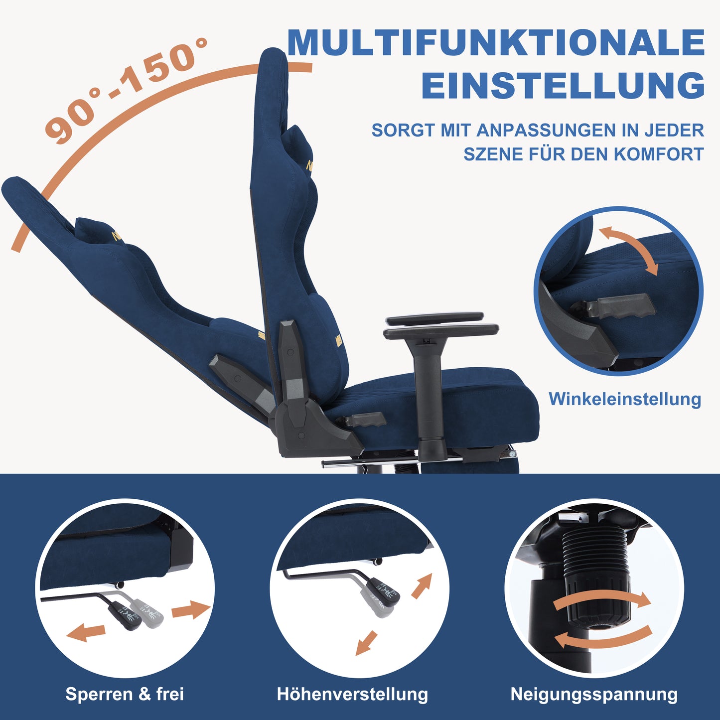 ANDYOU Ergonomic Gaming Chair, Adjustable Rotating Task Chair with Footrest - Blue