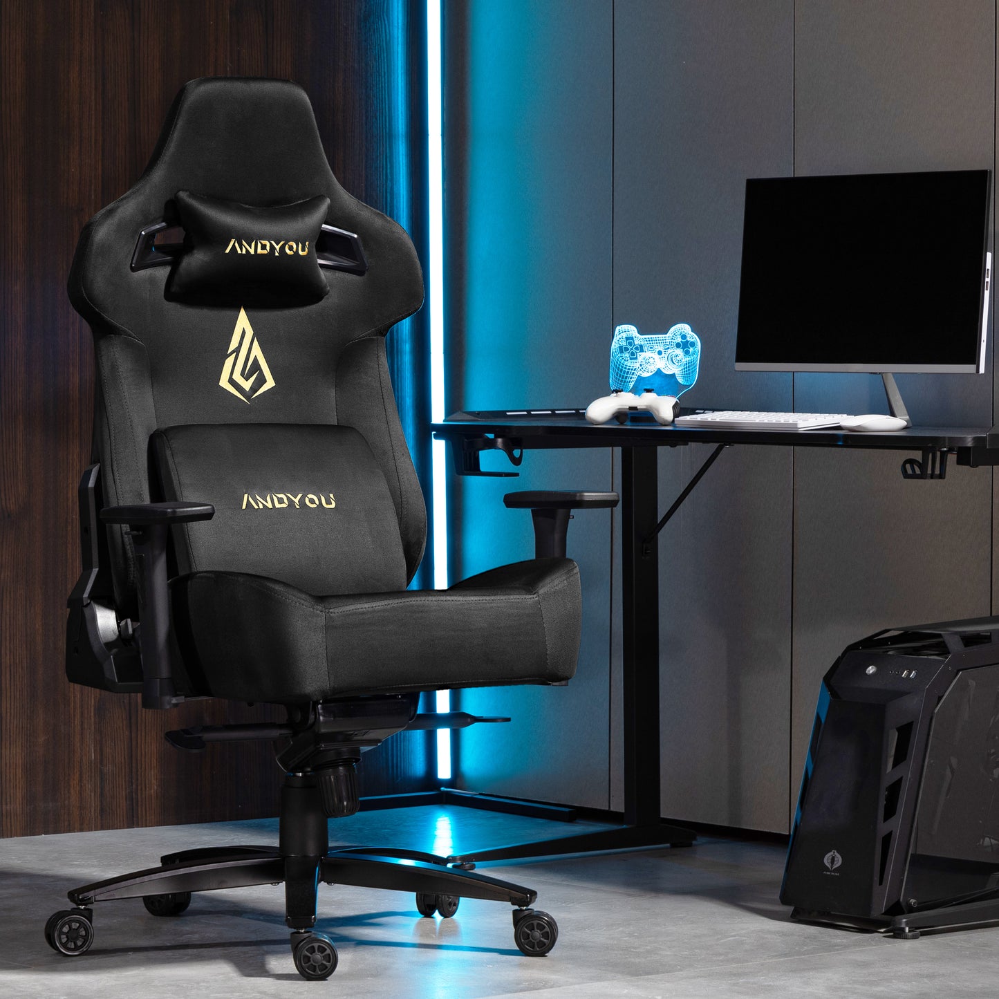 Andyou Gaming Chair – Faux Suede, 12° Tilt, 220kg Capacity, 3D Armrests, 90–155° Recline, Ergonomic PC Chair