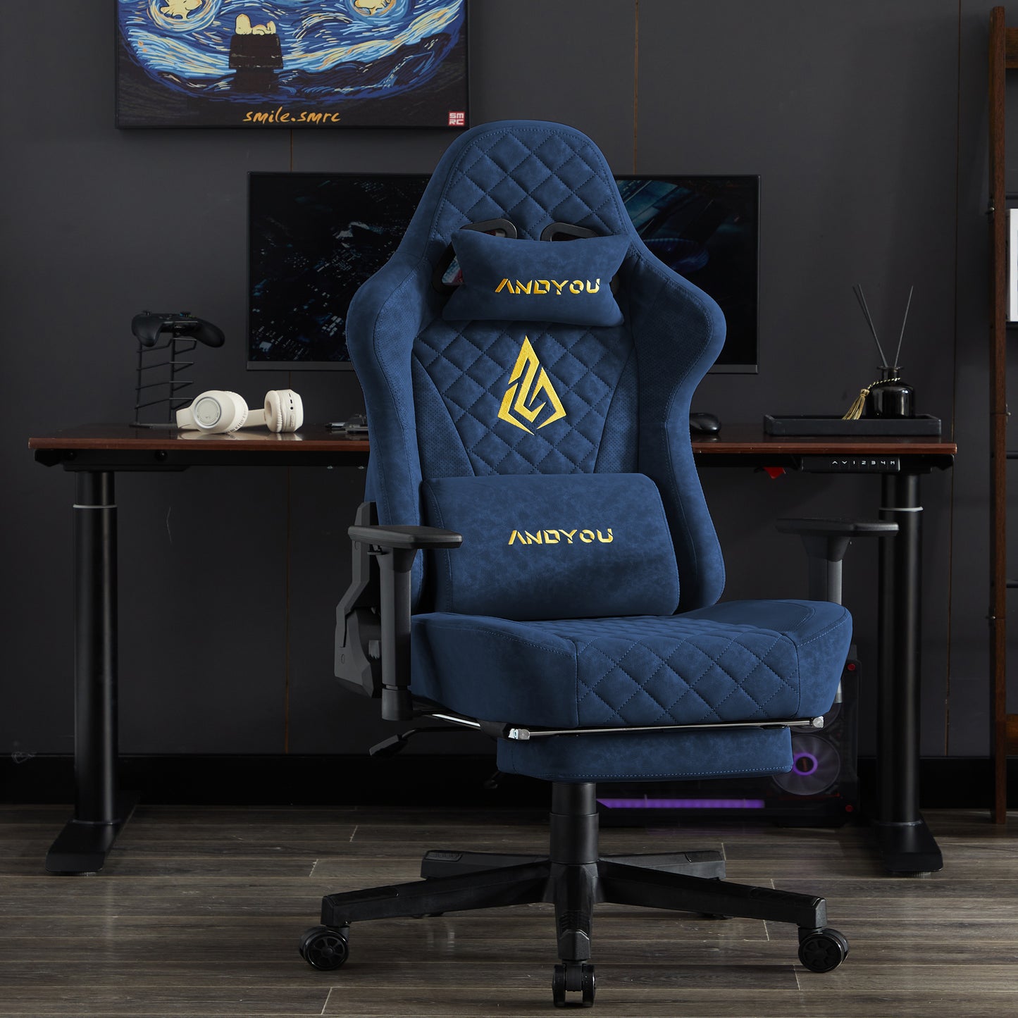 ANDYOU Ergonomic Gaming Chair, Adjustable Rotating Task Chair with Footrest - Blue