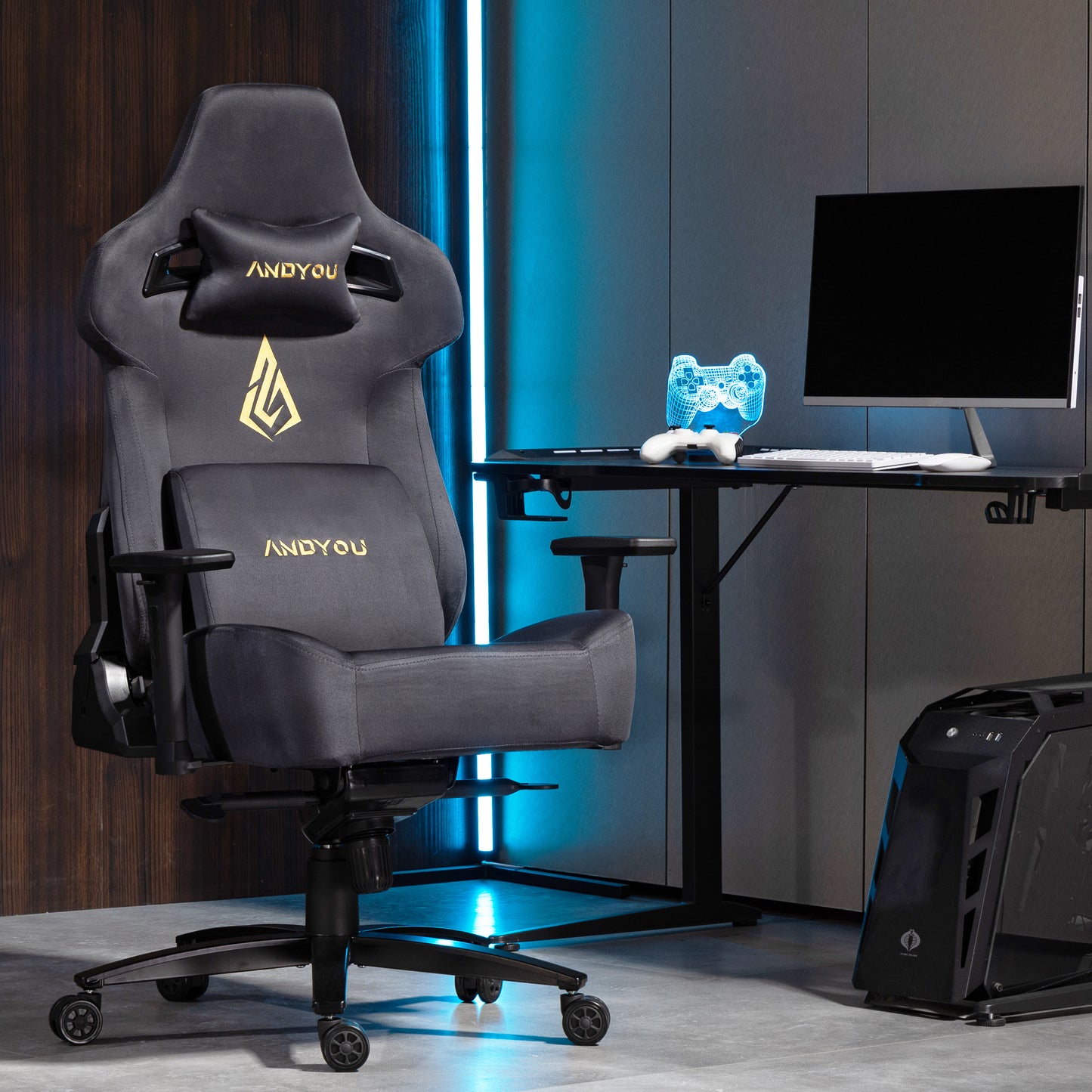 Andyou Gaming Chair – Faux Suede, 12° Tilt, 220kg Capacity, 3D Armrests, 90–155° Recline, Ergonomic PC Chair